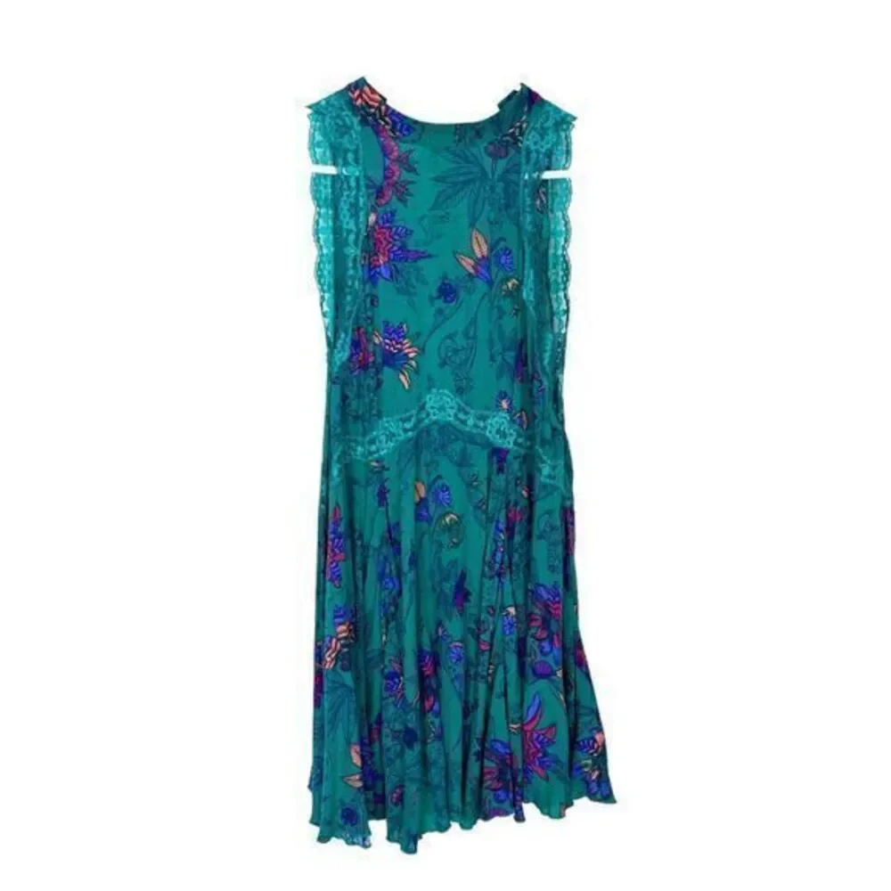 Free People Floral Oversized Mini Slip Dress Turquoise Green XS She Moves Boho